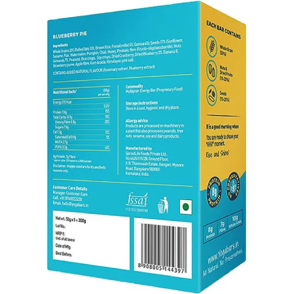 Yoga Bar Breakfast Protein Bars - Blueberry Pie, Healthy Snack, Rich In Protein & Fibre, 50 g (Pack of 6), 50 g (Pack of 6)-2.webp